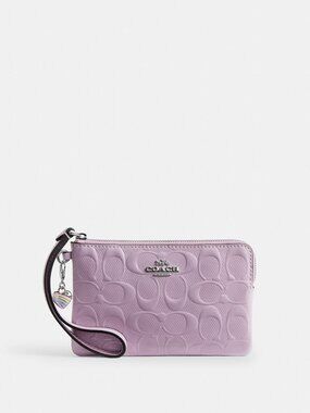 NWT NIB PURPLE Coach Corner Zip Wristlet In Signature Leather With Heart Charm